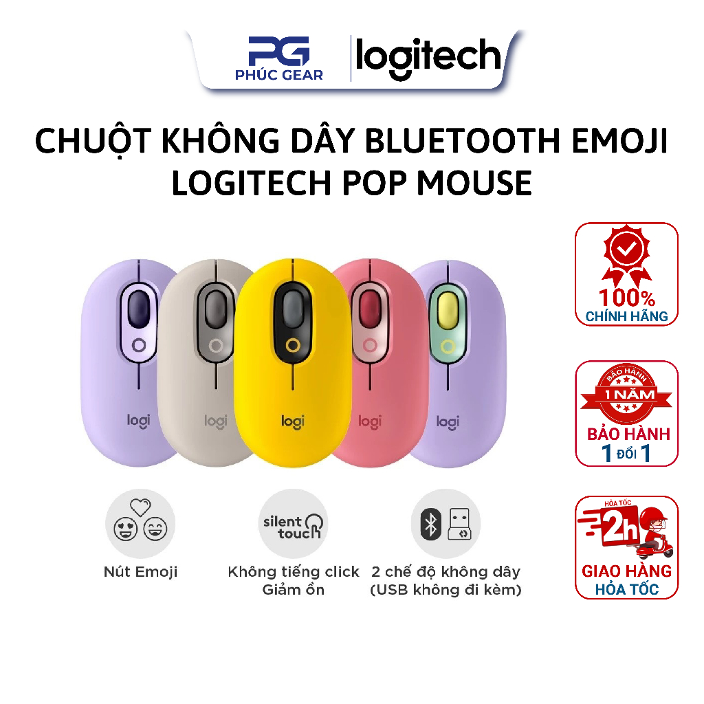 Chuột không dây bluetooth Logitech POP Mouse - Emoji tùy chỉnh, SilentTouch - HÀNG CHÍNH HÃNG