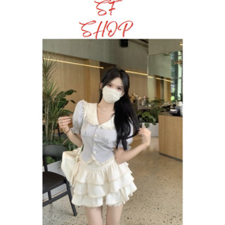 Set đồ nữ dễ thương ulzzang đi dự tiệc đi chơi Set áo tiểu thư tay phồng cổ sen mix chân váy xếp tầng SFShop