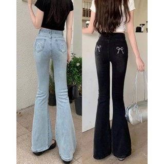 Quần bò jean nữ ống loe  đứng co giãn thêu nơ jeans cạp cao phong cách style