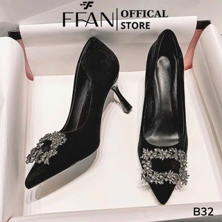  Giày cao gót nữ  da lộn mềm mại  mũi nhọn B32 FFAN STORE  gót nhọn bít mũi 5 7 9 phân màu đen đính đá 