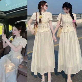 Set áo len ren cổ tàu nút mây ngắn tay phối chân váy tơ hai lớp siêu xinh phong cách tiểu thư Women Dress