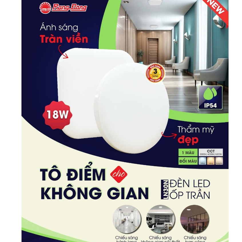 Đèn LED ốp trần vuông - tròn - đế nhựa Rạng Đông Model: LN30N 18w ánh sáng trắng hoặc đổi màu