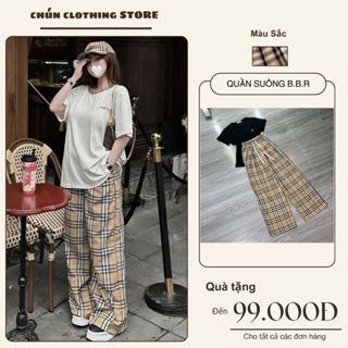 Quần Suông Kẻ Caro Thô B.B.R Nữ Cạp Chun Dây Rút Lưng Cao Quần Ống Rộng Kẻ Mặc 4 Mùa Co Giãn Big Size Dày Dặn 122