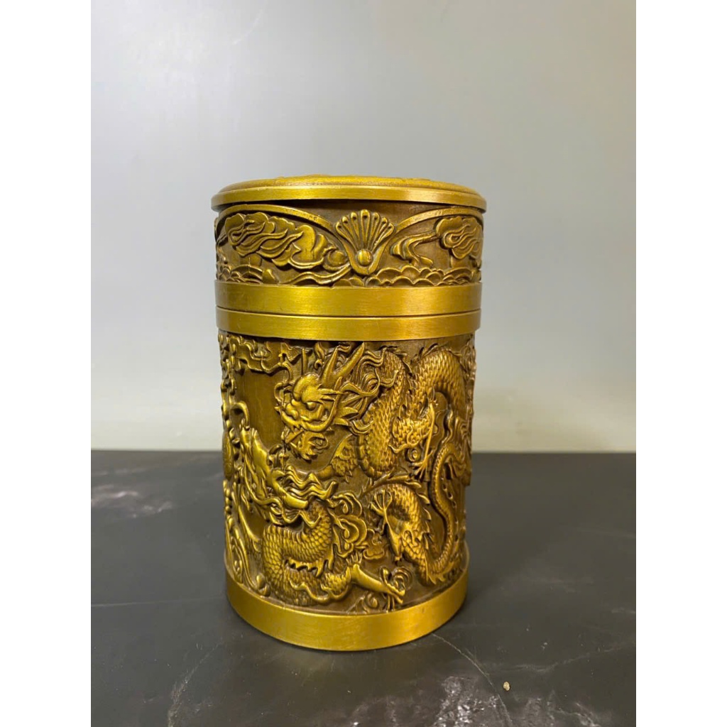 Hũ lọ đựng chè ( trà ) Rồng chầu  bằng đồng vàng