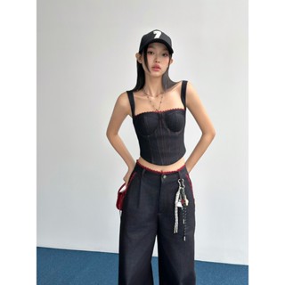 Áo Corset Kiểu 2 Dây Jean Xanh Đậm Phối Ren Đỏ - HOO DESIGN