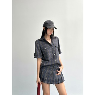 Chân Váy Ngắn Xếp Ly Phối Dây Lưng Kẻ Caro Xanh Than - HOO DESIGN