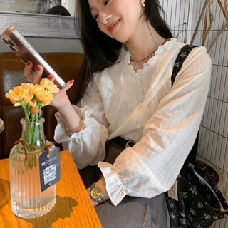 [ẢNH THẬT] Áo sơ mi nữ màu trắng dáng babydoll lửng cổ tròn viền dài tay ulzzang tiểu thư Hàn Quốc