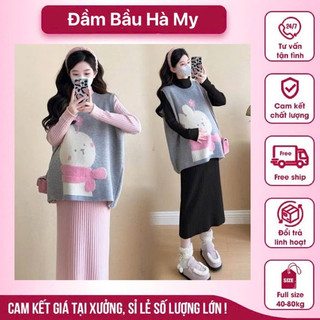  Sét váy bầu len kèm áo gile nỉ bông hình thỏ quàng khăn 