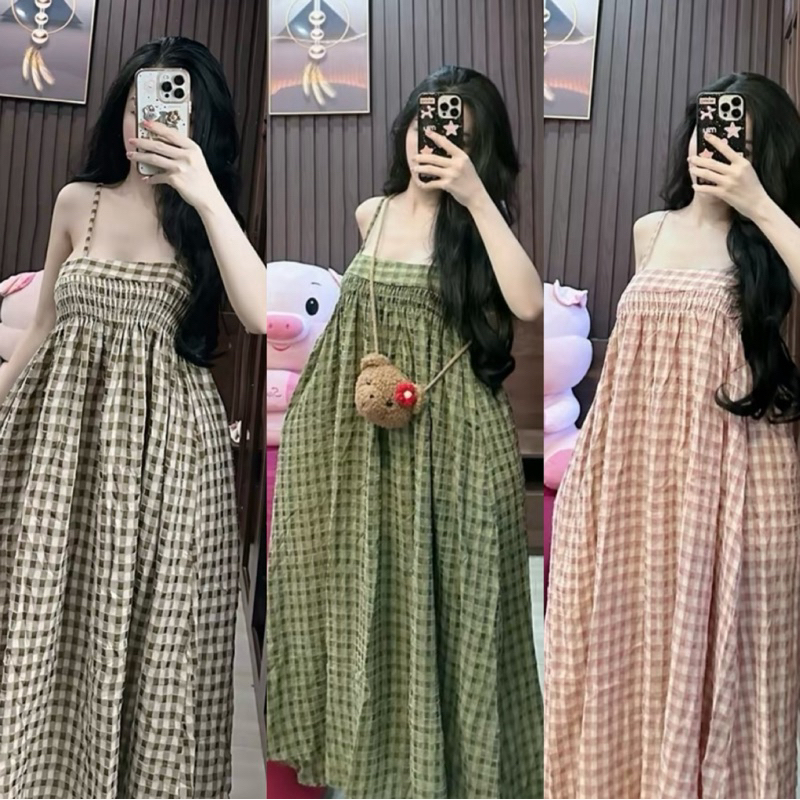 Loại 1 - Váy 2 dây dáng dài maxi hoạ tiết caro nhún bo thun dễ thương - M135