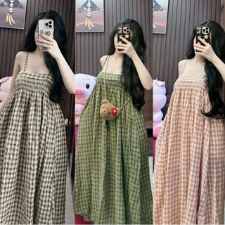 Loại 1 - Váy 2 dây dáng dài maxi hoạ tiết caro nhún bo thun dễ thương - M135