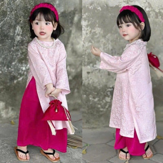 Áo Dài Cách Tân Cho Bé Gái (10-36kg) TẶNG Kèm Bờm Chất Liệu Lụa Gấm Hoa Cao Cấp - CHICKBONG BABY D11