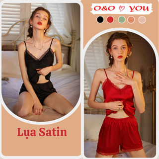 Bộ quần áo ngủ ren áo hai dây, quần short đùi chất liệu lụa cao cấp sang trọng A6658 O&O