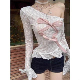【chất lượng cao Áo trễ vai màu trắng vải ren gắn nơ hồng ngọt ngào nữ sinh xinh hothit ulzzang girl y2k style