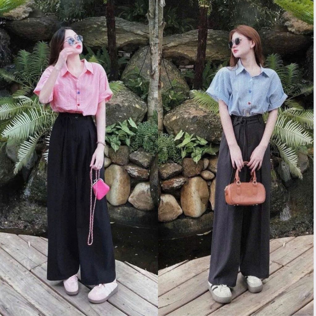 SSet đồ nữ Áo Sơ Mi Đũi Xốp Caro Ngắn Tay Mix Quần Ống Rộng Dáng Basic Huong97.store