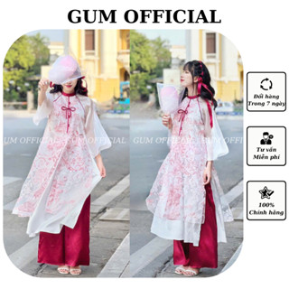 Áo dài cách tân Hải Đường dáng suông xẻ tà tay lỡ Gum Official, Áo dài tứ thân 4 tà tay loe chất liệu voan in hoa đỏ