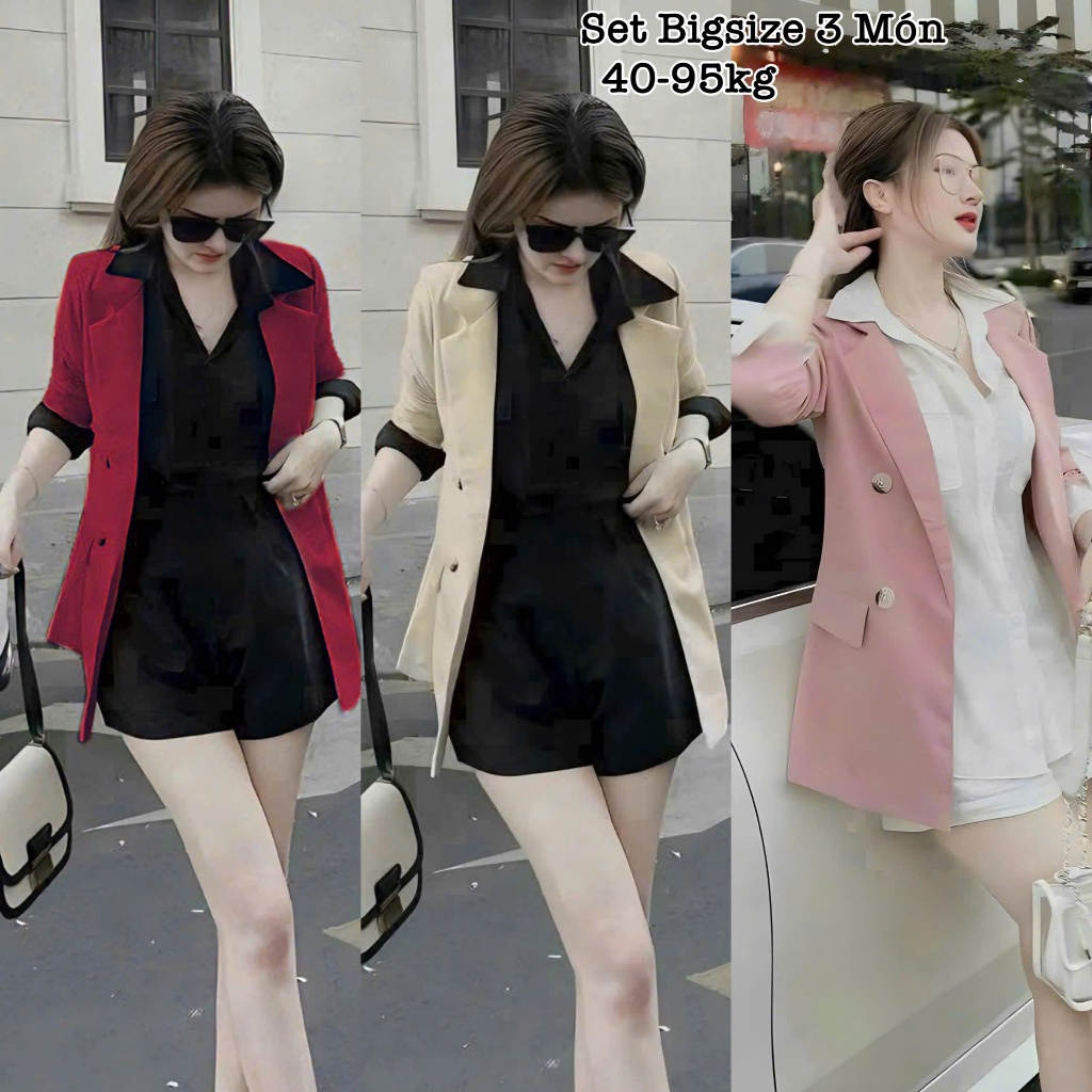 Set Đồ Bigsize Nữ Áo Blazer Lụa Chéo Kèm Sơ Mi Tay Dài Lụa Cao Cấp Thiết Kế Dự Tiệc, Đi Làm, Đi Chơi