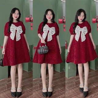 Đầm nhung kim sa đính nơ dệt kèm hình thật đẹp y hình