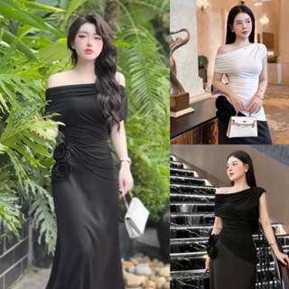  Bigsize Set áo trễ vai tà chéo kèm chân váy lụa dáng dài phối hoa eo 55-95kg 