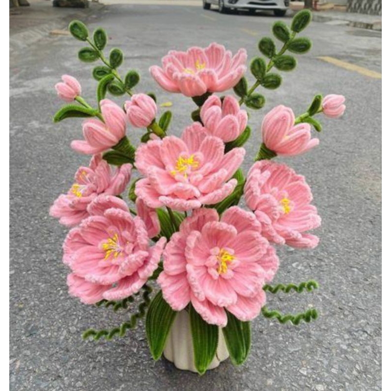 Chậu Hoa / Giỏ Hoa Mẫu Đơn Kẽm Nhung Tông Hồng