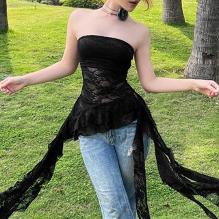 Áo ống ren Cúp ngực Tua rua WG.WE Phối tà kiểu 2 bên Áo ống quây ngực Ôm body sexy Phối tua rua Cá tính