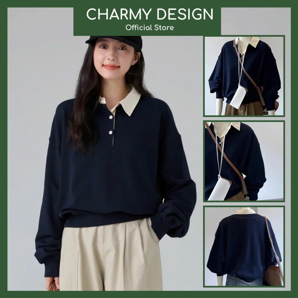 Áo Nỉ Sweater Nữ Dài Tay Jinna Phối Cổ Sơ Mi Trẻ Trung, Áo Sweater Nữ Chất Vải Nỉ Thu Đông Charmy De
