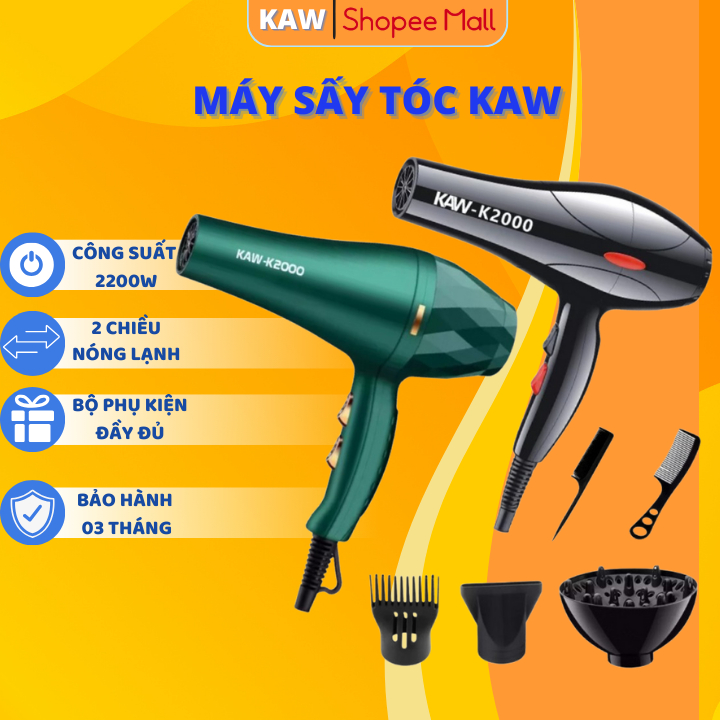 Máy Sấy Tóc KAW K-2000 Sấy 2 Chiều 3 Chế Độ, Công Suất Cao 2200W, Tặng Kèm Bộ 5 Phụ Kiện