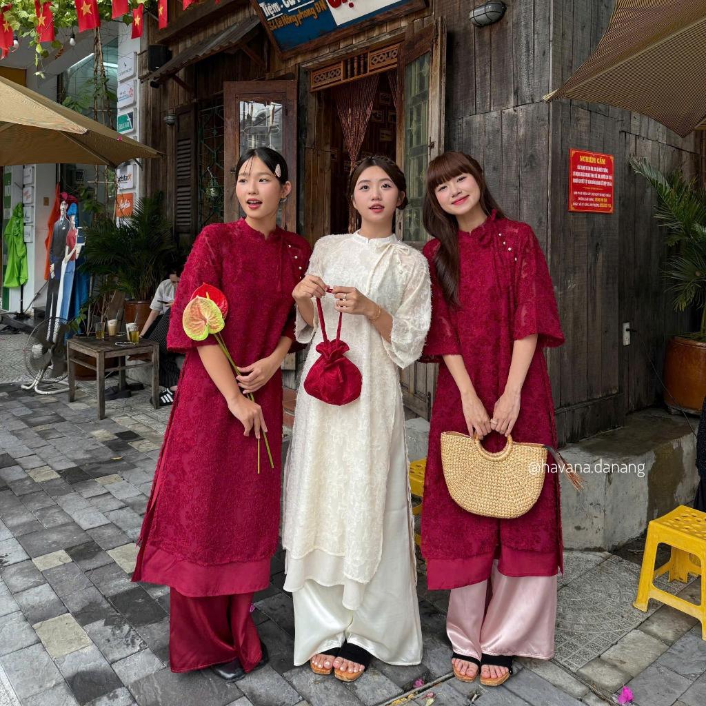 Set Áo dài lông vũ YẾN PHƯỢNG phối buộc nơ cách điệu kèm quần HAVANA AD89
