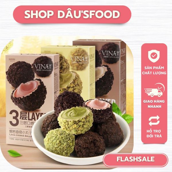 HỘP NHỎ 6 cái Bánh xốp tròn Lava Cookie Balls 3 lớp nhân Matcha, Socola, Kem dâu