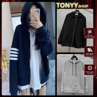 Áo Khoác Hoodie Nam Nữ TB Vải Nỉ Gạo 4 Sọc Thêu Mix Khoá Sắt, Sẻ Tà Cúc Net