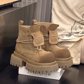 Giày boot nữ da lộn dây buộc đế đinh cao cá tính