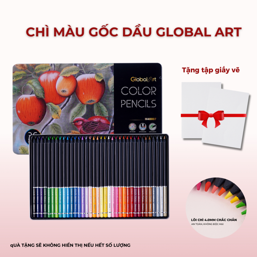 Màu Chì Gốc Dầu GLOBAL ART 36 Màu Hộp Thiếc Cao Cấp, Viết Chì Màu Lõi 4mm Đậm Mịn, Ít Vụn Dùng Phác Họa Thiết Kế M40007