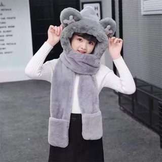 TE15 Mũ trùm đầu “ CHỮ M” cho Bé, mũ len kèm khăn choàng cổ và găng tay hình tai Gấu dễ thương