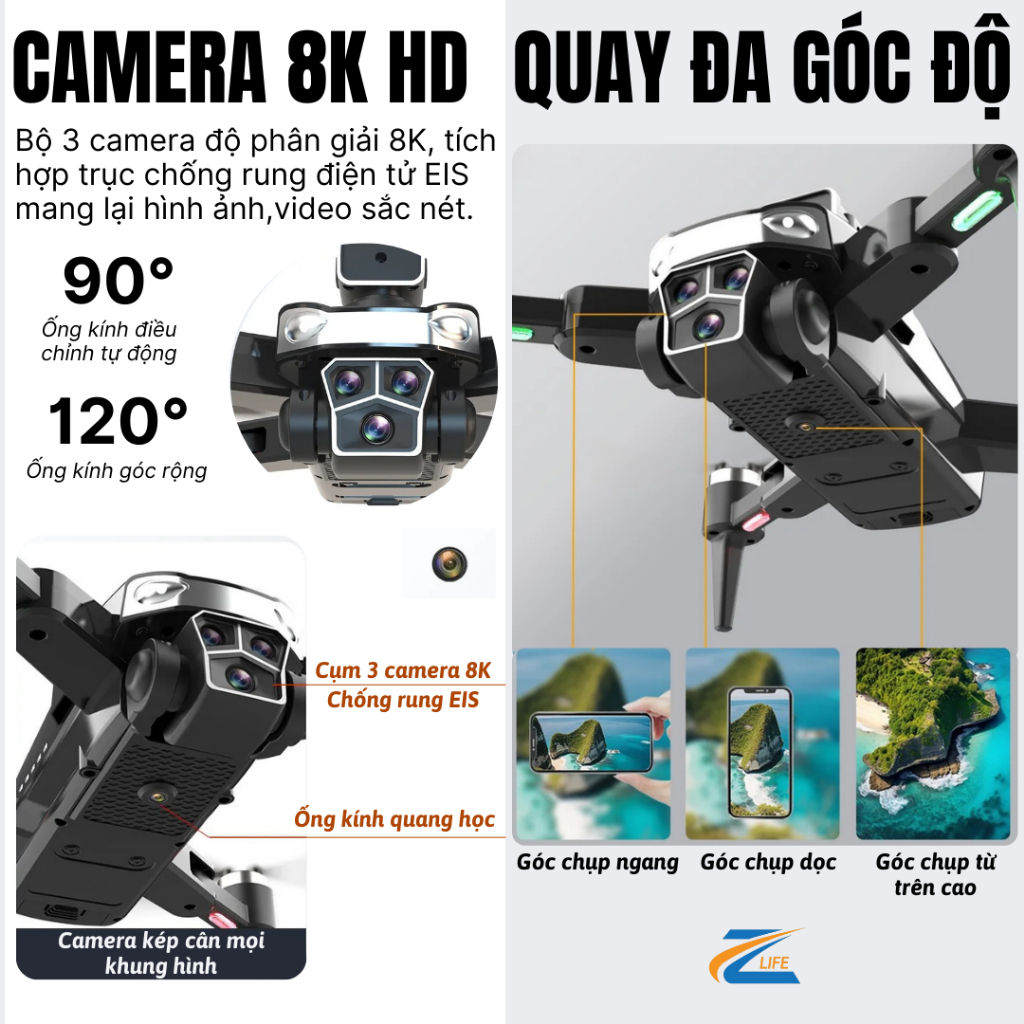 Flycam Zlife Z619 Drone Pro, Máy Bay Camera Full HD Quay Phim Chụp Ảnh, Định Vị GPS Quay Về Khi Hết Pin | BigBuy360 - bigbuy360.vn