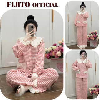 Bộ pijama nữ, bộ ngủ dài tay thiết kế cổ sen phối kẻ ô siêu sang FIJITO hcom3233