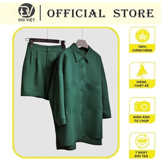 Bộ sơ mi nữ Linen màu xanh rêu nhẹ nhàng phong cách vintage Hàn Quốc, chất linen mềm mát