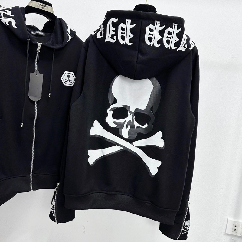 Áo Khoác hoodie zip nam nữ Phillip Plein nỉ chân cua in đầu lâu xương chéo hai mặt zip ống tay, BBR 