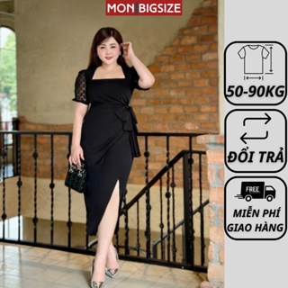  Váy bigsize nữ đầm body dự tiệc đi chơi kiểu cổ vuông tay ren nơ eo MON big size 50 - 90kg 