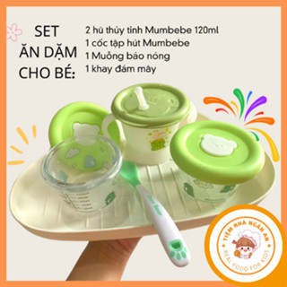 Bộ set ăn dặm tiết kiệm cho bé, hũ thủy tinh chia vạch mumbebe , muỗng báo nóng, khay mây, cốc tập hút mix sẵn