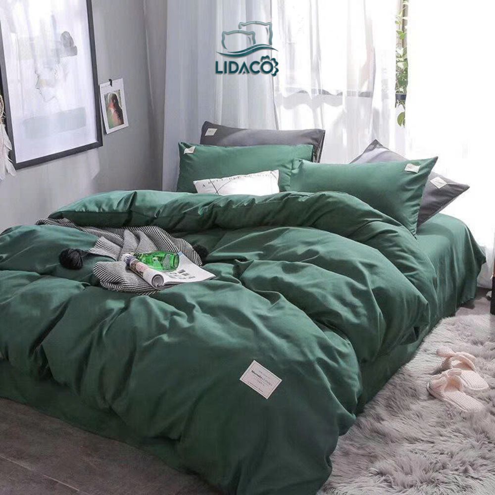 Bộ vỏ chăn ga gối cotton tici LIDACO - Rêu Đậm