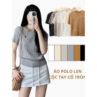 (CÓ SẴN) Áo len vặn thừng cổ tròn thêu ngựa, Áo len cộc tay mềm mịn xinh xắn cho nữ ALCT113