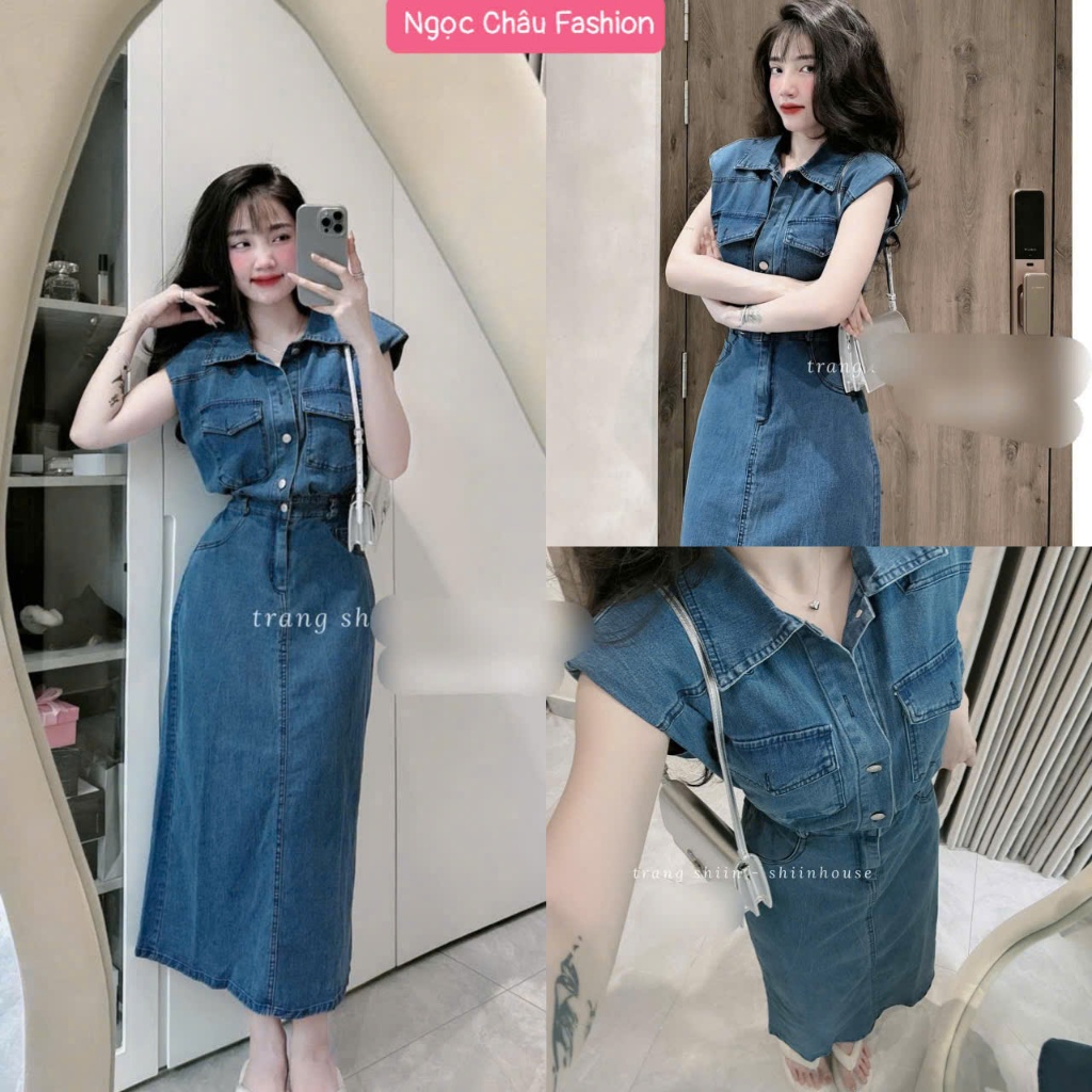 Đầm váy jean dài ôm form maxi sát nách cổ bẻ 2 túi trước, sau lưng eo chun co dãn