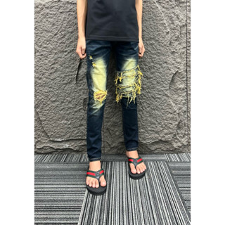 Quần jeans nam xanh khuyết tật bẩn Hót 2024