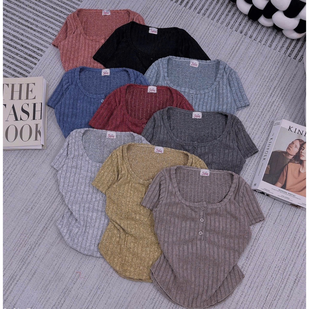 [DƯỚI 52kg]-(Hàng Loại 1) Áo thun nữ tay ngắn chất len đũa co dãn cổ u gài nút vạt bầu croptop | BigBuy360 - bigbuy360.vn