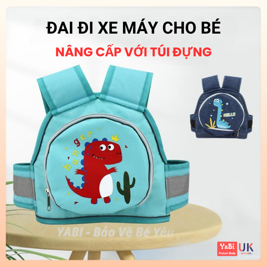 Đai xe máy an toàn cho bé, Địu đi xe máy cho bé 1-6 tuổi có túi đựng tiện dụng chắc chắn có phản quang Yabi