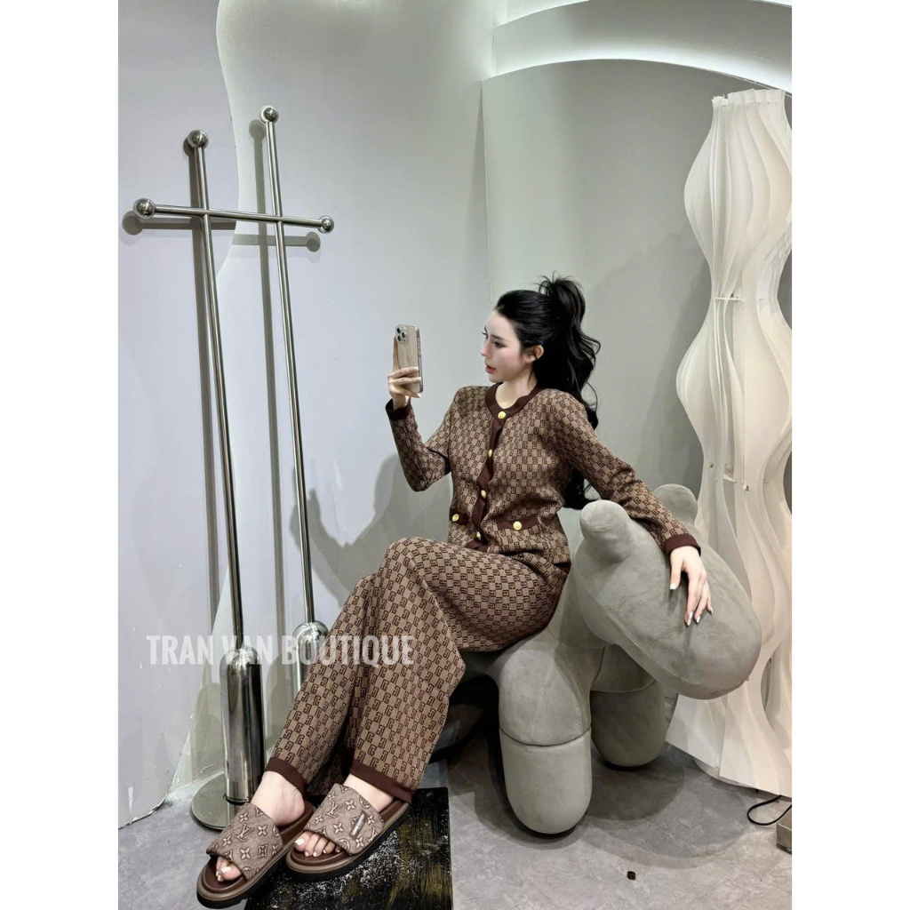 Set bộ thời trang nữ in họa tiết full 3D áo tay dài gài nút mix quần dài ống suông rộng trẻ trung mtb