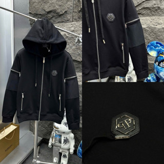 Áo khoác hoodie zip nam nữ Philipp Plein thêu logo bạc ngực phối vá nhăn khoá zip hai tay basic HZ67P