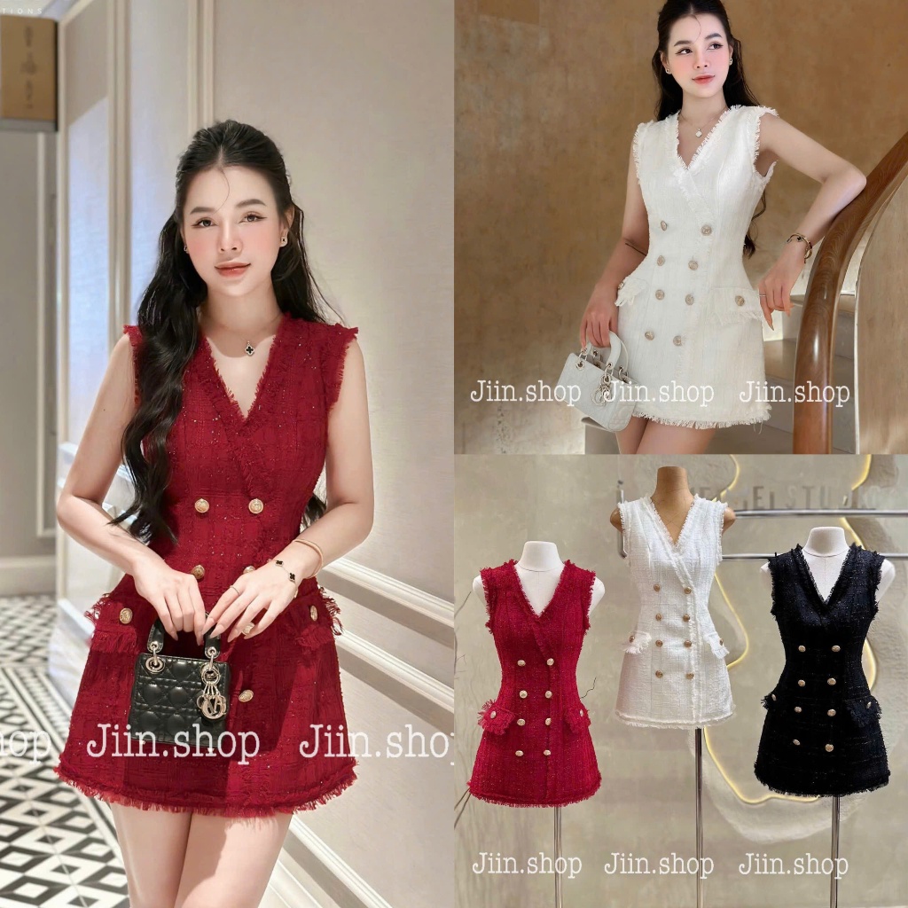 Váy đầm vest dạ, vest ba lỗ, gi lê dạ tweed thiết kế cao cấp sang chảnh dự tiệc cưới, tiểu thư cao cấp khuy vàng đồng