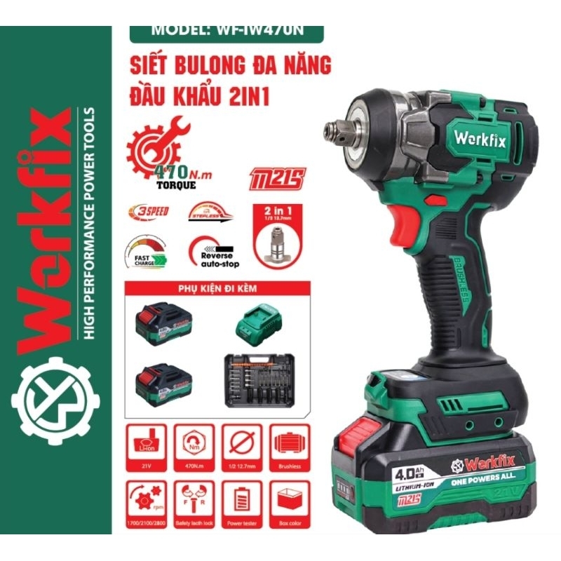 Máy Siết Bulong Workfix 470Nm Chân Pin Phổ thông M21