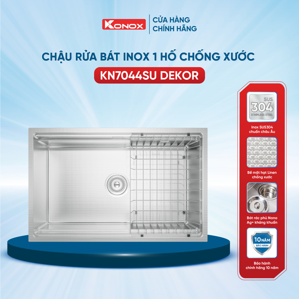 Chậu rửa bát inox 1 hố chống xước Konox KN7044SU Dekor - Bảo hành 10 năm