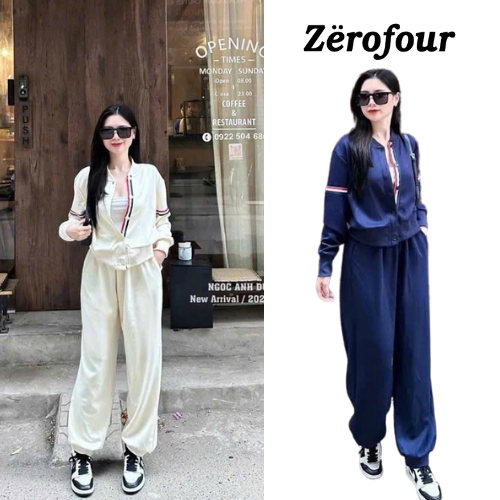 Set bộ đồ nữ áo sọc tay đỏ cài cúc phối quần dài cạp chun bo gấu, set đồ nữ thể thao năng động ZEROFOUR